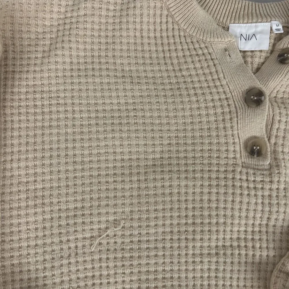 NIA WAFFLE KNIT STRETCH HENLEY NATURAL BEIGE TAN LONG SLEEVE PULLOVER MEDIUM M - Picture 4 of 6